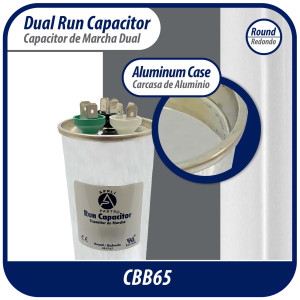Appli Parts Dual Run Capacitor for ac 30+5 Mfd uF (microfarads) 370VAC CBB65 Round Universal fit for hvac and other applications UL E476928 2in Wide 4-1/4in Height CON-30/5-370-R


