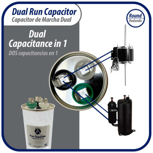 Appli Parts Dual Run Capacitor for ac 30+5 Mfd uF (microfarads) 370VAC CBB65 Round Universal fit for hvac and other applications UL E476928 2in Wide 4-1/4in Height CON-30/5-370-R

