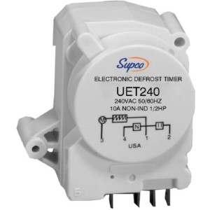 Supco UET240 Universal Electronic Timer 240 V 50/60 Hz PIN 3412 for defrost control, temperature range 32 F to 135 F, adjustable defrost frequency 4 to 12 hours and defrost time 10 to 35 minutes