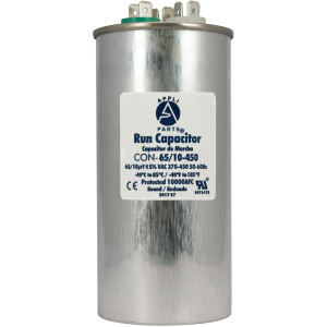 Appli Parts Dual Run Capacitor for ac 65+10 Mfd uF (microfarads) 370VAC or 450VAC CBB65 Round Universal fit for hvac and other applications 5-1/4 in High 2-1/4 in Wide CON-65/10-450 Appli Parts Dual Run Capacitor for ac 65+10 Mfd uF (microfarads) 370VAC or 450VAC CBB65 Round Universal fit for hvac and other applications 5-1/4 in High 2-1/4 in Wide CON-65/10-450