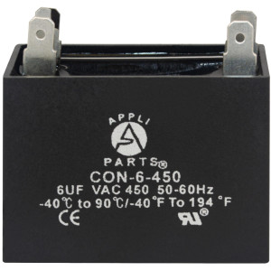 Appli Parts Fan Capacitor 6 mfd (microfarads) uf 450 VAC 4 Terminal Connections compatible with any brand within the same range of capacitance 1-7/8in Width 7/8in Depth 1-3/4in Height CAP-6-450 Appli Parts Fan Capacitor 6 mfd (microfarads) uf 450 VAC 4 Terminal Connections compatible with any brand within the same range of capacitance 1-7/8in Width 7/8in Depth 1-3/4in Height CAP-6-450