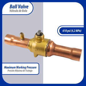 Appli Parts APBV-118 1-1/8 in Shut Off Ball Valve ODF Universal Replacement 610 psi (4.2 Mpa) max pressure -22 F to 248 F work temperature with 1/4 in SAE service port, with 8-1/2 in overall length Appli Parts APBV-118 1-1/8 in Shut Off Ball Valve ODF Universal Replacement 610 psi (4.2 Mpa) max pressure -22 F to 248 F work temperature with 1/4 in SAE service port, with 8-1/2 in overall length