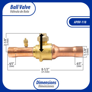 Appli Parts APBV-118 1-1/8 in Shut Off Ball Valve ODF Universal Replacement 610 psi (4.2 Mpa) max pressure -22 F to 248 F work temperature with 1/4 in SAE service port, with 8-1/2 in overall length Appli Parts APBV-118 1-1/8 in Shut Off Ball Valve ODF Universal Replacement 610 psi (4.2 Mpa) max pressure -22 F to 248 F work temperature with 1/4 in SAE service port, with 8-1/2 in overall length