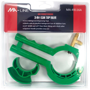 MA-Line MA-49116A Can Tap Valve 3 in 1 for Refrigerant Cans and Additive Cans. Inlcudes 1/2in ACME and 1/4in Flare Fitting with Check Valve MA-Line MA-49116A Can Tap Valve 3 in 1 for Refrigerant Cans and Additive Cans. Inlcudes 1/2in ACME and 1/4in Flare Fitting with Check Valve