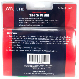MA-Line MA-49116A Can Tap Valve 3 in 1 for Refrigerant Cans and Additive Cans. Inlcudes 1/2in ACME and 1/4in Flare Fitting with Check Valve MA-Line MA-49116A Can Tap Valve 3 in 1 for Refrigerant Cans and Additive Cans. Inlcudes 1/2in ACME and 1/4in Flare Fitting with Check Valve