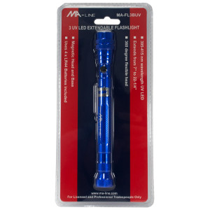 MA-Line MA-FL3BUV UV Flashlight. Telescopic 3 LED. Base and Head Magnet. Extends from 6.5in to 20in with Flexible 2in Neck MA-Line MA-FL3BUV UV Flashlight. Telescopic 3 LED. Base and Head Magnet. Extends from 6.5in to 20in with Flexible 2in Neck