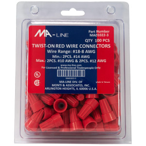 MA-Line MA01022-3 Red Twist on Wire Connector No. 18 through 8 AWG. Bag of 100ea MA-Line MA01022-3 Red Twist on Wire Connector No. 18 through 8 AWG. Bag of 100ea