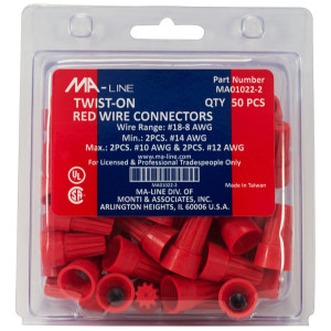 MA-Line MA01022-2 Red Twist on Wire Connector No. 18 through 8 AWG. Bag of 50ea MA-Line MA01022-2 Red Twist on Wire Connector No. 18 through 8 AWG. Bag of 50ea