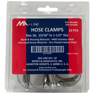 MA-Line MA-5416BX Hose Clamp 11/16in to 1-1/2in Diameter. Size 16. Combo Hex (10 x Bag) MA-Line MA-5416BX Hose Clamp 11/16in to 1-1/2in Diameter. Size 16. Combo Hex (10 x Bag)
