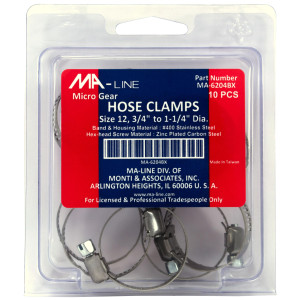 MA-Line MA-6204BX Hose Clamp 3/4in to 1-1/4in Diameter. Size 12. Micro Gear (10 x Bag) MA-Line MA-6204BX Hose Clamp 3/4in to 1-1/4in Diameter. Size 12. Micro Gear (10 x Bag)