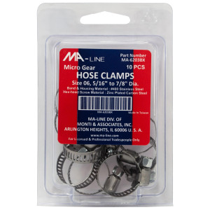 MA-Line MA-6203BX Hose Clamp 5/16in to 7/8in Diameter. Size 06. Micro Gear (10 x Bag) MA-Line MA-6203BX Hose Clamp 5/16in to 7/8in Diameter. Size 06. Micro Gear (10 x Bag)