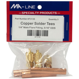 MA-Line AF3135 5/16in ODS x 3/8in ODF Copper Solder Tee with 1/4in Male Flare Port MA-Line AF3135 5/16in ODS x 3/8in ODF Copper Solder Tee with 1/4in Male Flare Port