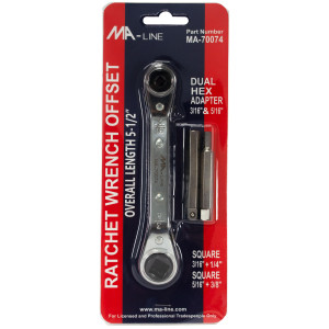MA-Line MA-70074 Ratchet Wrench with Adaptors. Offset 5-1/2in. One end Square 3/16in and 1/4in. One end Square 3/16in and 5/16in. Hex Adaptors 3/16in and 5/16in MA-Line MA-70074 Ratchet Wrench with Adaptors. Offset 5-1/2in. One end Square 3/16in and 1/4in. One end Square 3/16in and 5/16in. Hex Adaptors 3/16in and 5/16in