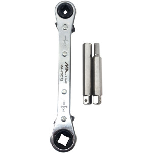 MA-Line MA-70072 Ratchet Wrench with Adaptors. Straight 5-1/2in. One end Square 3/16in and 1/4in. One end Square 3/16in and 5/16in. Hex Adaptors 3/16in and 5/16in MA-Line MA-70072 Ratchet Wrench with Adaptors. Straight 5-1/2in. One end Square 3/16in and 1/4in. One end Square 3/16in and 5/16in. Hex Adaptors 3/16in and 5/16in