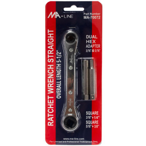 MA-Line MA-70072 Ratchet Wrench with Adaptors. Straight 5-1/2in. One end Square 3/16in and 1/4in. One end Square 3/16in and 5/16in. Hex Adaptors 3/16in and 5/16in MA-Line MA-70072 Ratchet Wrench with Adaptors. Straight 5-1/2in. One end Square 3/16in and 1/4in. One end Square 3/16in and 5/16in. Hex Adaptors 3/16in and 5/16in