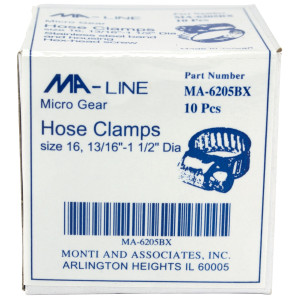 MA-Line MA-6205BX Hose Clamp 13/16in to 1-1/2in Diameter. Size 16. Micro Gear (10 x Box) MA-Line MA-6205BX Hose Clamp 13/16in to 1-1/2in Diameter. Size 16. Micro Gear (10 x Box)