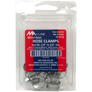 MA-Line MA-6202BX Hose Clamp 1/4in to 5/8in Diameter. Size 04. Micro Gear (10 x Bag) MA-Line MA-6202BX Hose Clamp 1/4in to 5/8in Diameter. Size 04. Micro Gear (10 x Bag)