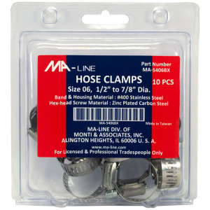 MA-Line MA-5406BX Hose Clamp 1/2in to 7/8in Diameter. Size 06. Combo Hex (10 x Bag) MA-Line MA-5406BX Hose Clamp 1/2in to 7/8in Diameter. Size 06. Combo Hex (10 x Bag)