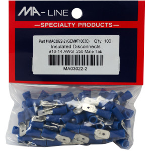 MA-Line MA03022-2 Quick Disconnect Flared Vinyl Insulated Male 16-14, 250 TAB. Bag of 100ea MA-Line MA03022-2 Quick Disconnect Flared Vinyl Insulated Male 16-14, 250 TAB. Bag of 100ea