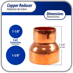 Appli Parts AP-R158118 1-5/8x1-1/8 in Reducing Bushing Copper pipe fittings CxC Sweat connections for refrigeration, air conditioning and plumbing applications ACR and Type L copper pipe Appli Parts AP-R158118 1-5/8x1-1/8 in Reducing Bushing Copper pipe fittings CxC Sweat connections for refrigeration, air conditioning and plumbing applications ACR and Type L copper pipe