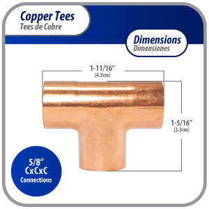 Appli Parts AP-T058B10 5/8in Wrot Copper Tee CxCxC connections for refrigeration, air conditioning and plumbing applications ACR and Type L copper pipe (10 x Bag)
 Appli Parts AP-T058B10 5/8in Wrot Copper Tee CxCxC connections for refrigeration, air conditioning and plumbing applications ACR and Type L copper pipe (10 x Bag)