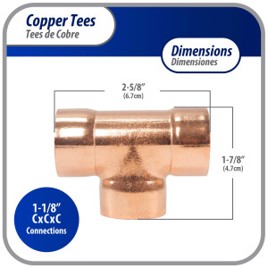 Appli Parts AP-T118B5 1-1/8in Wrot Copper Tee CxCxC connections for refrigeration, air conditioning and plumbing applications ACR and Type L copper pipe (5 x Bag)
 Appli Parts AP-T118B5 1-1/8in Wrot Copper Tee CxCxC connections for refrigeration, air conditioning and plumbing applications ACR and Type L copper pipe (5 x Bag)