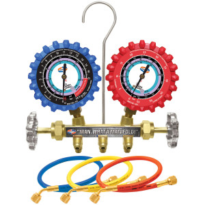 Uniweld QS8N3SM410A-8 Maniflold R410, R32 2-V Brass with 3-1/8 in NPF Gauges 3 ft SMB Ez-Turn AB Hoses