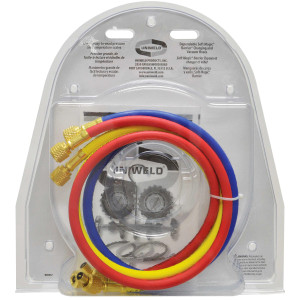 Uniweld QS8N5SM410A-8 Maniflold R410, R32, psi/bar, Celsius, 2-V Brass with 3-1/8 in NPF Gauges 5 ft SMB Ez-Turn AB Hoses