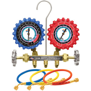Uniweld QS8N5SM410A-8 Maniflold R410, R32, psi/bar, Celsius, 2-V Brass with 3-1/8 in NPF Gauges 5 ft SMB Ez-Turn AB Hoses Uniweld QS8N5SM410A-8 Maniflold R410, R32, psi/bar, Celsius, 2-V Brass with 3-1/8 in NPF Gauges 5 ft SMB Ez-Turn AB Hoses