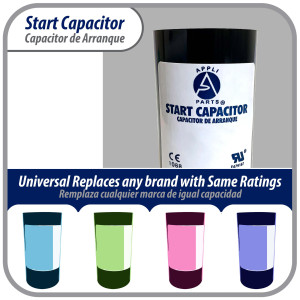 Appli Parts motor start capacitor 243-292 Mfd (microfarads) uF 110-125 VAC universal fit for electric motor applications 1-7/16 in Wide 3-3/8 in Height CON-243-110 Appli Parts motor start capacitor 243-292 Mfd (microfarads) uF 110-125 VAC universal fit for electric motor applications 1-7/16 in Wide 3-3/8 in Height CON-243-110