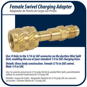 Appli Parts APCA-51614S 5/16 in Female x 1/4 in Male, SAE, Compatible with R410A, Swivel Charging Adapter with Valve Core and Depressor for Ductless Mini Split and other Air Conditioning Applications