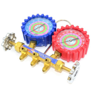 Uniweld QS8N5SMEZ Brass Body Manifold with 3-1/8 in NPF Gauges, 5 ft EZ-Turn Anti-Blowback Hose Set, with R-410A,R-22,R-404A,R-134a, F and PSI Scales 48672 Uniweld QS8N5SMEZ Brass Body Manifold with 3-1/8 in NPF Gauges, 5 ft EZ-Turn Anti-Blowback Hose Set, with R-410A,R-22,R-404A,R-134a, F and PSI Scales 48672