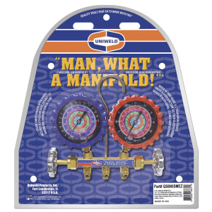 Uniweld QS8N5SMEZ Brass Body Manifold with 3-1/8 in NPF Gauges, 5 ft EZ-Turn Anti-Blowback Hose Set, with R-410A,R-22,R-404A,R-134a, F and PSI Scales 48672 Uniweld QS8N5SMEZ Brass Body Manifold with 3-1/8 in NPF Gauges, 5 ft EZ-Turn Anti-Blowback Hose Set, with R-410A,R-22,R-404A,R-134a, F and PSI Scales 48672