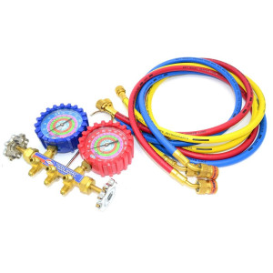 Uniweld QS8N5SMEZ Brass Body Manifold with 3-1/8 in NPF Gauges, 5 ft EZ-Turn Anti-Blowback Hose Set, with R-410A,R-22,R-404A,R-134a, F and PSI Scales 48672 Uniweld QS8N5SMEZ Brass Body Manifold with 3-1/8 in NPF Gauges, 5 ft EZ-Turn Anti-Blowback Hose Set, with R-410A,R-22,R-404A,R-134a, F and PSI Scales 48672