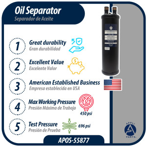 Appli Parts APOS-55877 7/8 in ODF Oil Separator, compatible with CFC,HCFC,HFC,R22,R407C,R502,R134a,R404A,R507, Working temperature 14 F to 266 F Appli Parts APOS-55877 7/8 in ODF Oil Separator, compatible with CFC,HCFC,HFC,R22,R407C,R502,R134a,R404A,R507, Working temperature 14 F to 266 F