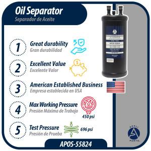 Appli Parts APOS-55824 1/2 in ODF Oil Separator, Compatible with CFC, HCFC, HFC, R22, R407C, R502, R134a, R404A, R507A, Working temperature 14 F to 266 F