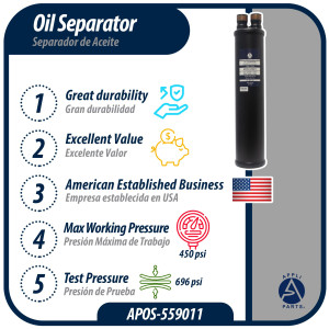 Appli Parts APOS-559011 1-3/8 in ODF Oil Separator, compatible with CFC,HCFC,HFC,R22,R407C,R502,R134a,R404A,R507, Working temperature 14 F to 266 F Appli Parts APOS-559011 1-3/8 in ODF Oil Separator, compatible with CFC,HCFC,HFC,R22,R407C,R502,R134a,R404A,R507, Working temperature 14 F to 266 F