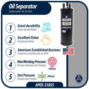 Appli Parts APOS-55855 5/8 in ODF Oil Separator, Compatible with CFC, HCFC, HFC, R22, R407C, R502, R134a, R404A, R507A, Working temperature 14 F to 266 F