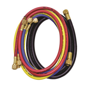 Uniweld HDC5MB 60 in Manifold Hoses, Red, Yellow and Blue, 1/4 in and 60 in Manifold hose Black, 3/8 in, Standard Connection for use in refrigeration and air conditioning CFC,HCFC,HFC